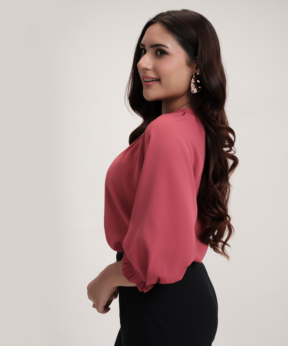 Neck Detailed Chiiffon Long Sleeve Pink Top