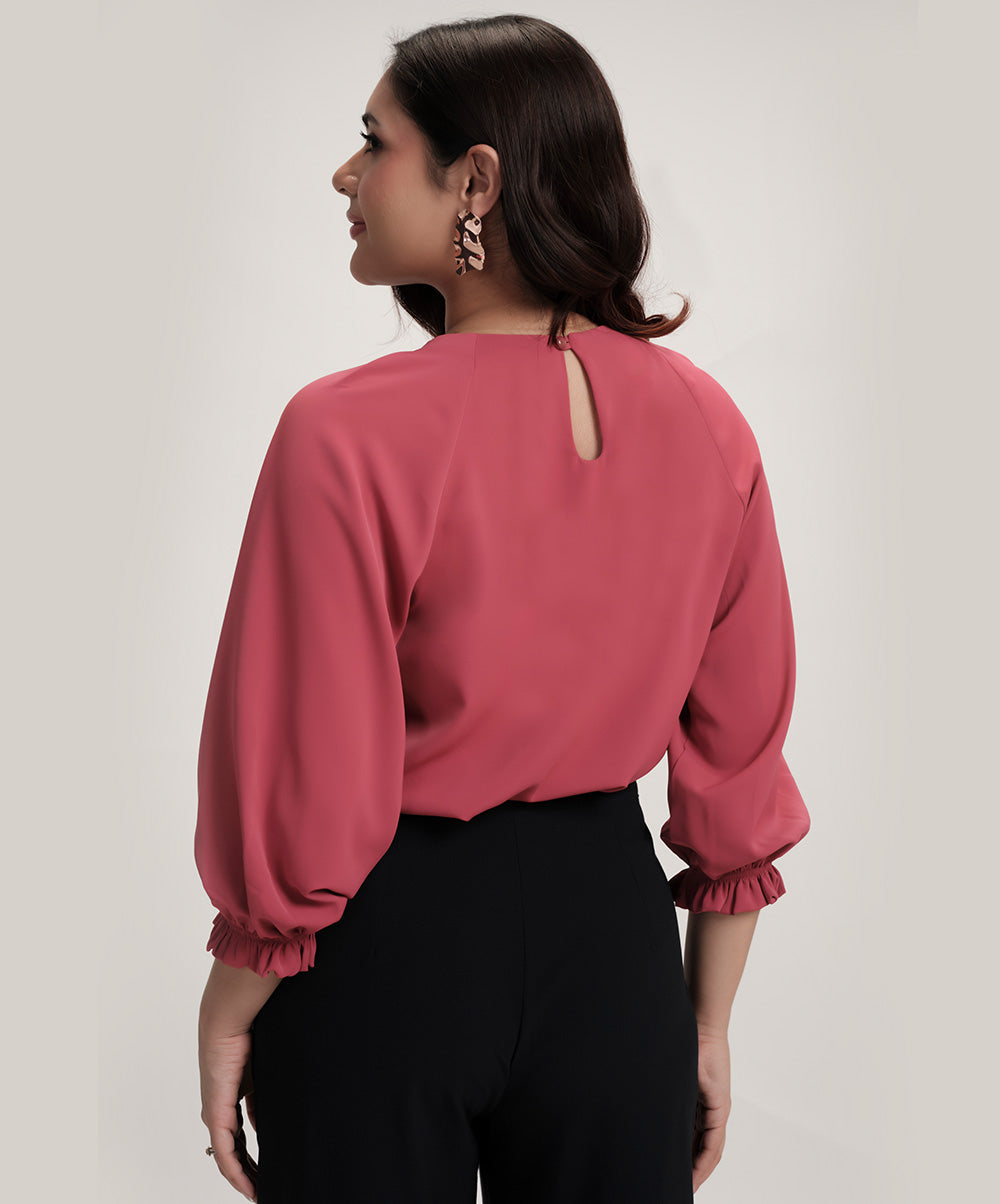 Neck Detailed Chiiffon Long Sleeve Pink Top
