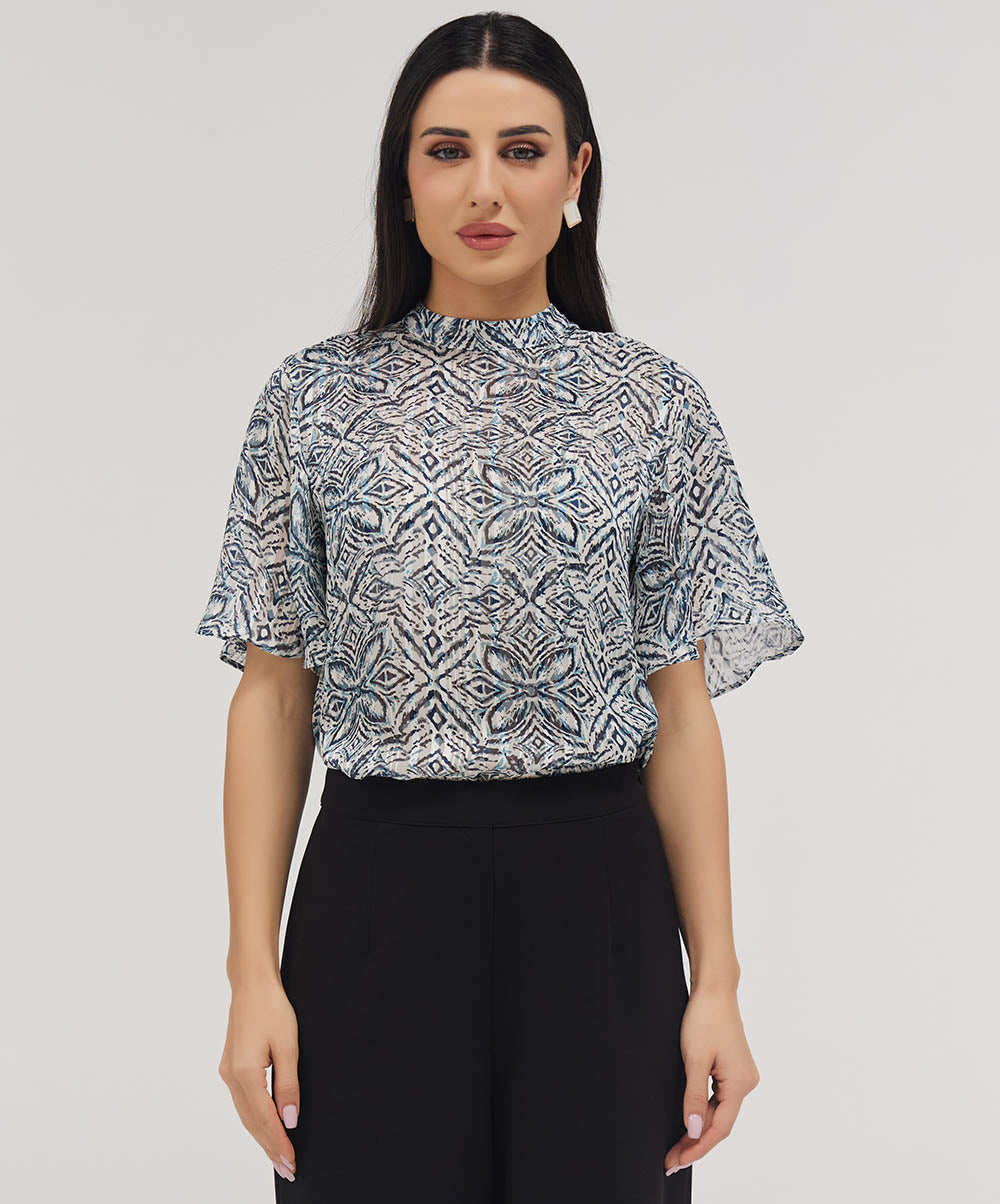 Sleeve Flared Mandarin Collar  Printed Top