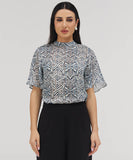 Sleeve Flared Mandarin Collar  Printed Top