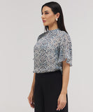 Sleeve Flared Mandarin Collar  Printed Top