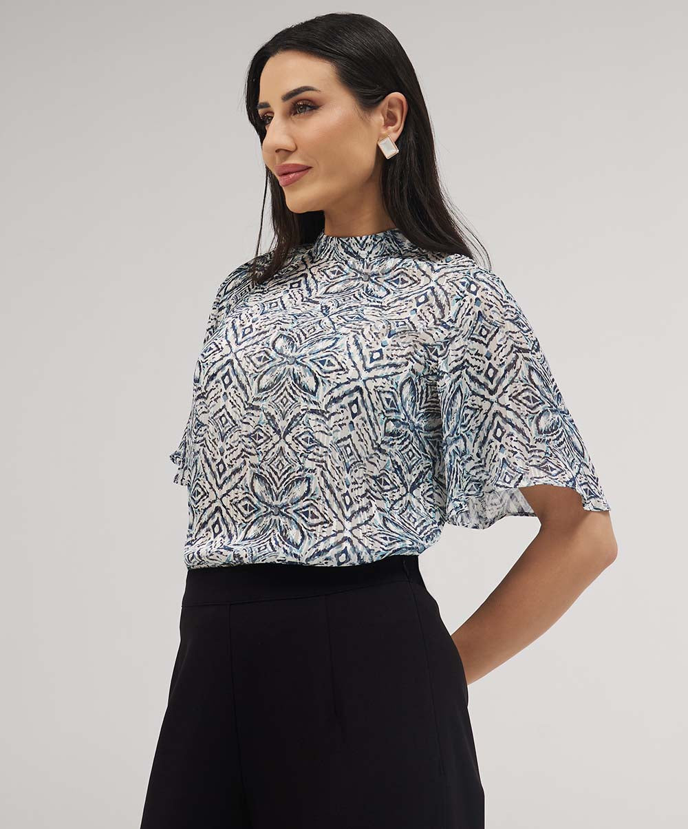 Sleeve Flared Mandarin Collar  Printed Top