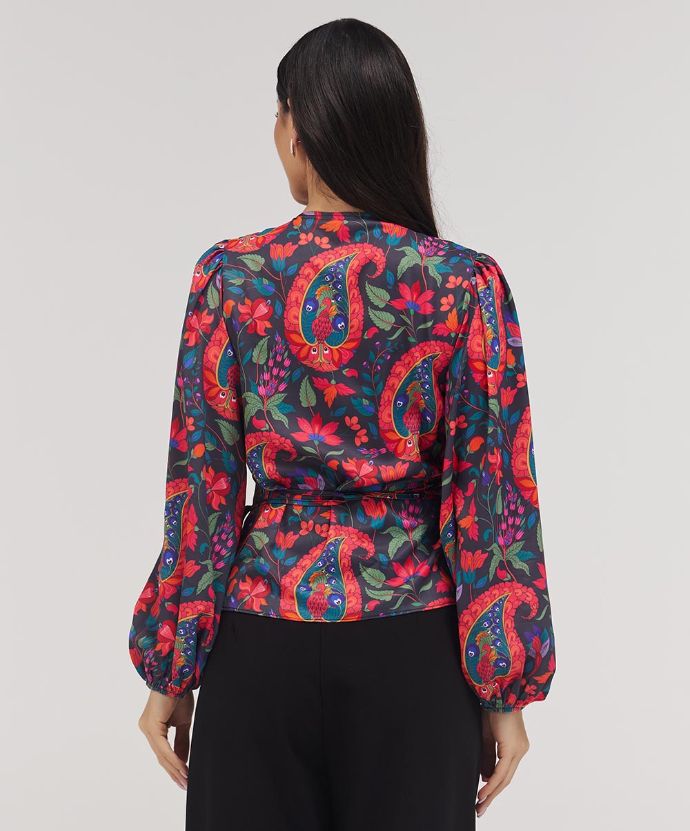 Printed Chiffon Wrap Around Blue Top