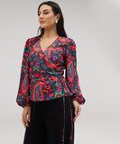 Printed Chiffon Wrap Around Blue Top
