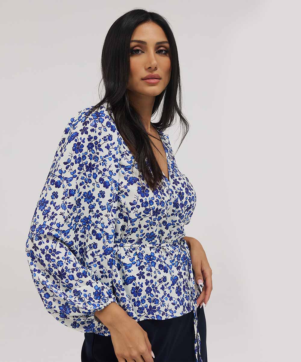 Printed Chiffon Wrap Around Peplum Top