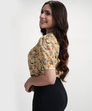 Short Puffed Sleeve Printed Satin Top