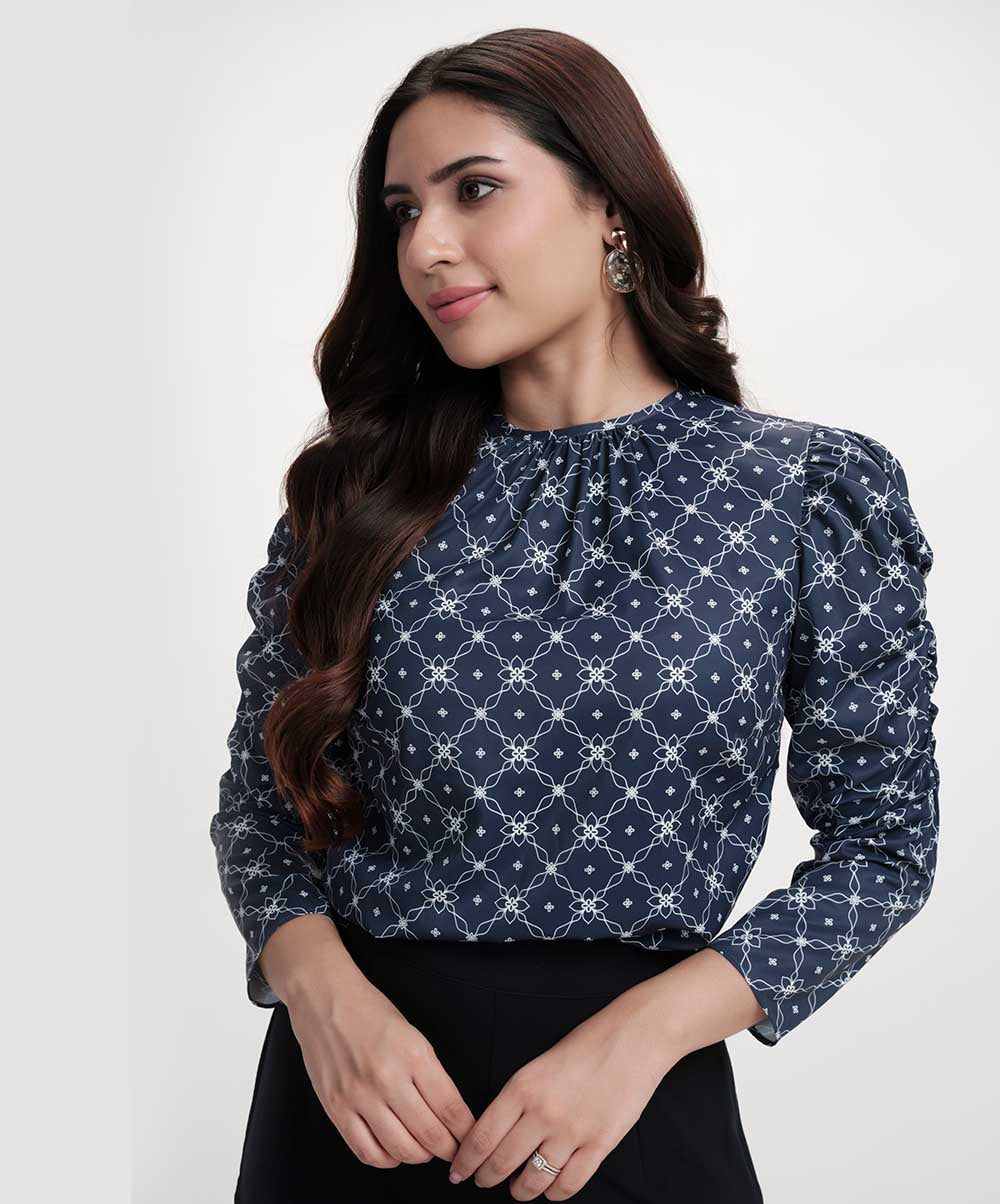 Long Sleeve  Detailed Printed Chiffon Blue Top