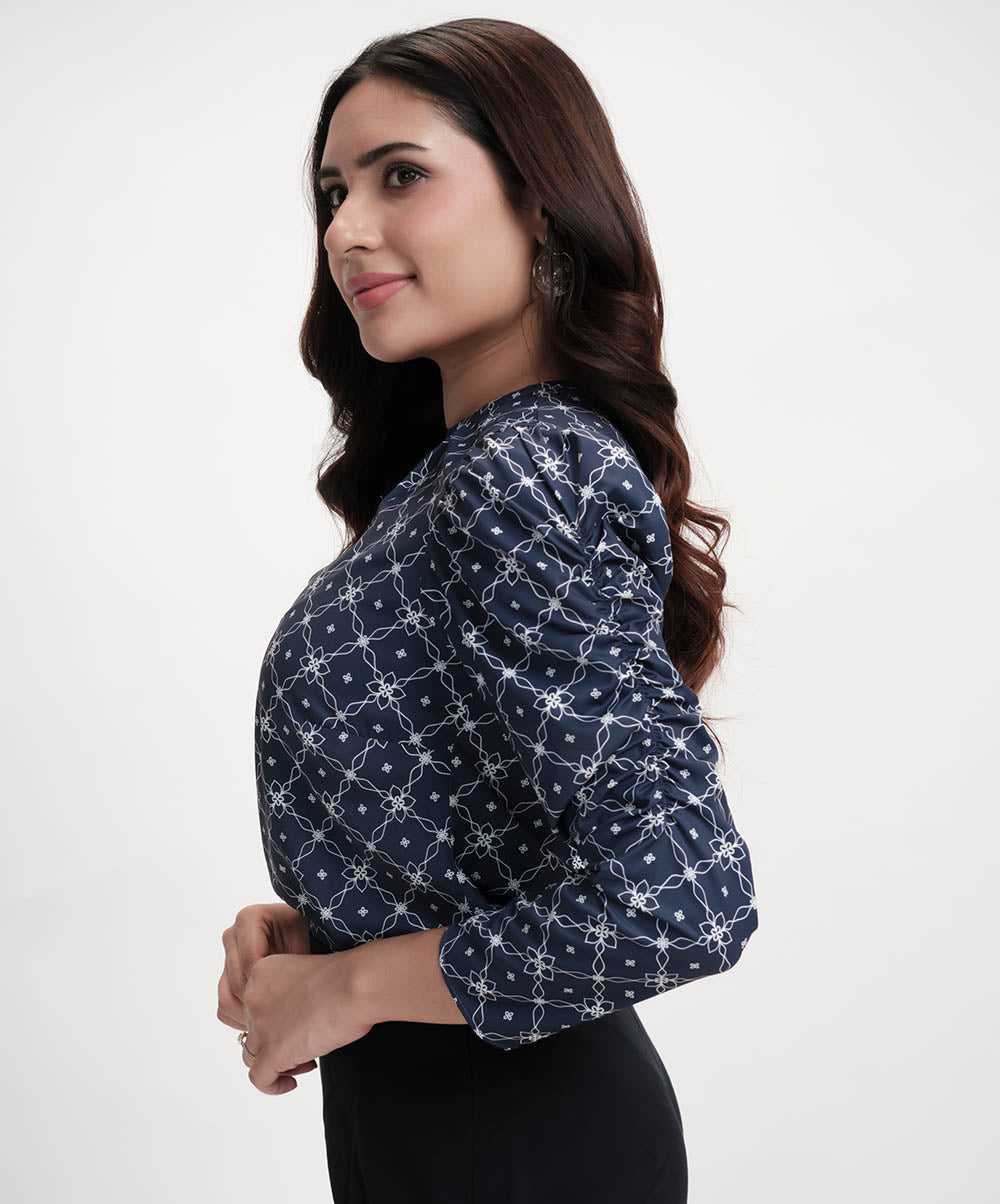 Long Sleeve  Detailed Printed Chiffon Blue Top