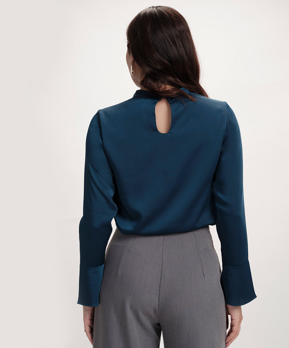 Side Pleated Long Sleeve Satin Top
