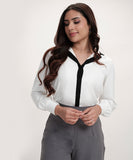 Contrast Lapel And Button Stand Long Sleeve Shirt