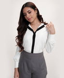Contrast Lapel And Button Stand Long Sleeve Shirt