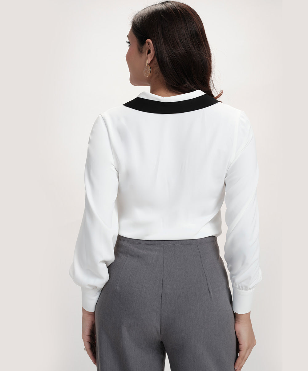 Contrast Lapel And Button Stand Long Sleeve Shirt