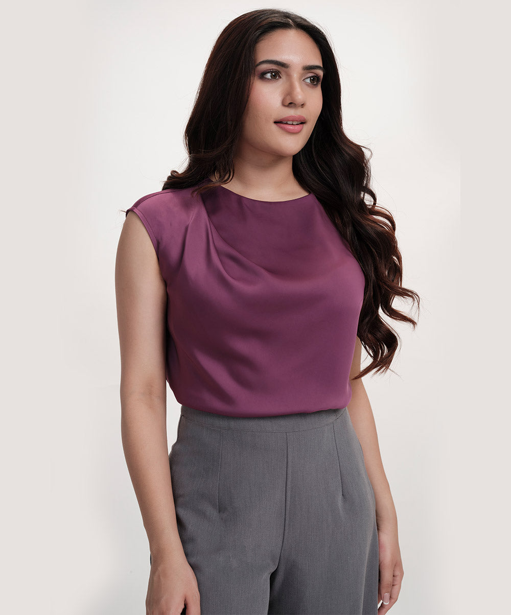 Side Detailed Satin Top-Purple