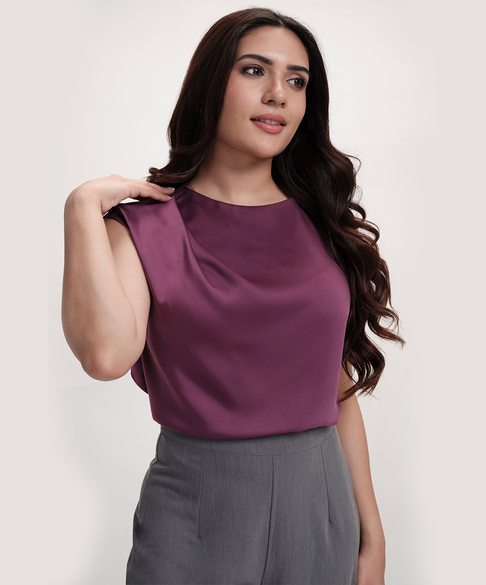 Side Detailed Satin Top-Purple