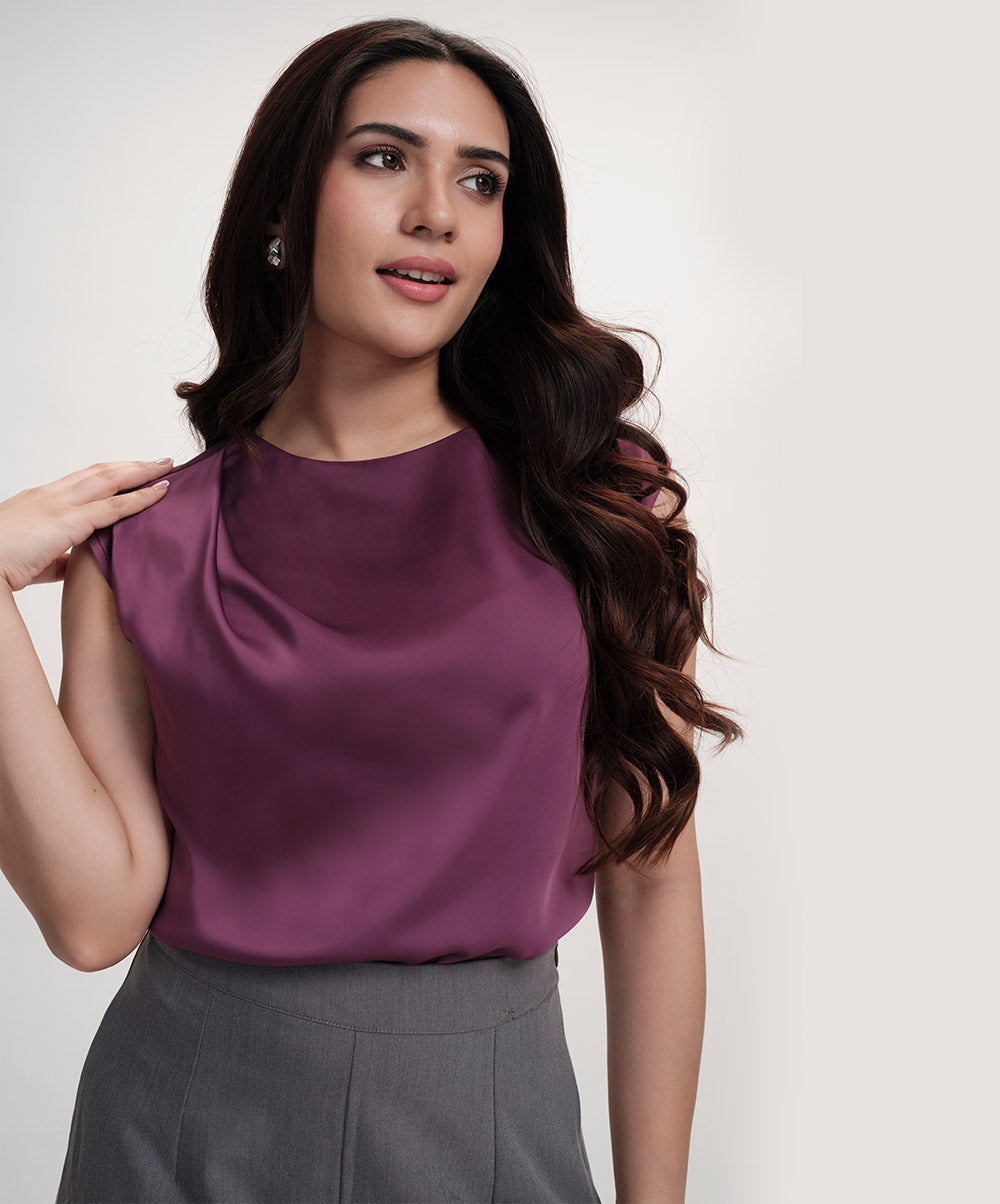Side Detailed Satin Top-Purple