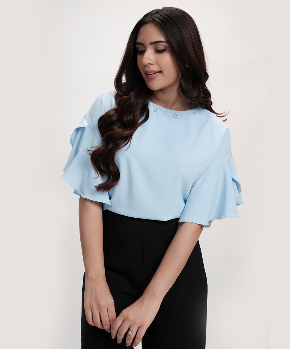 Flared Sleeve Chiffon Top-Light Blue