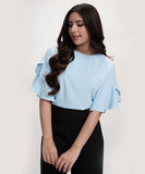 Flared Sleeve Chiffon Top-Light Blue