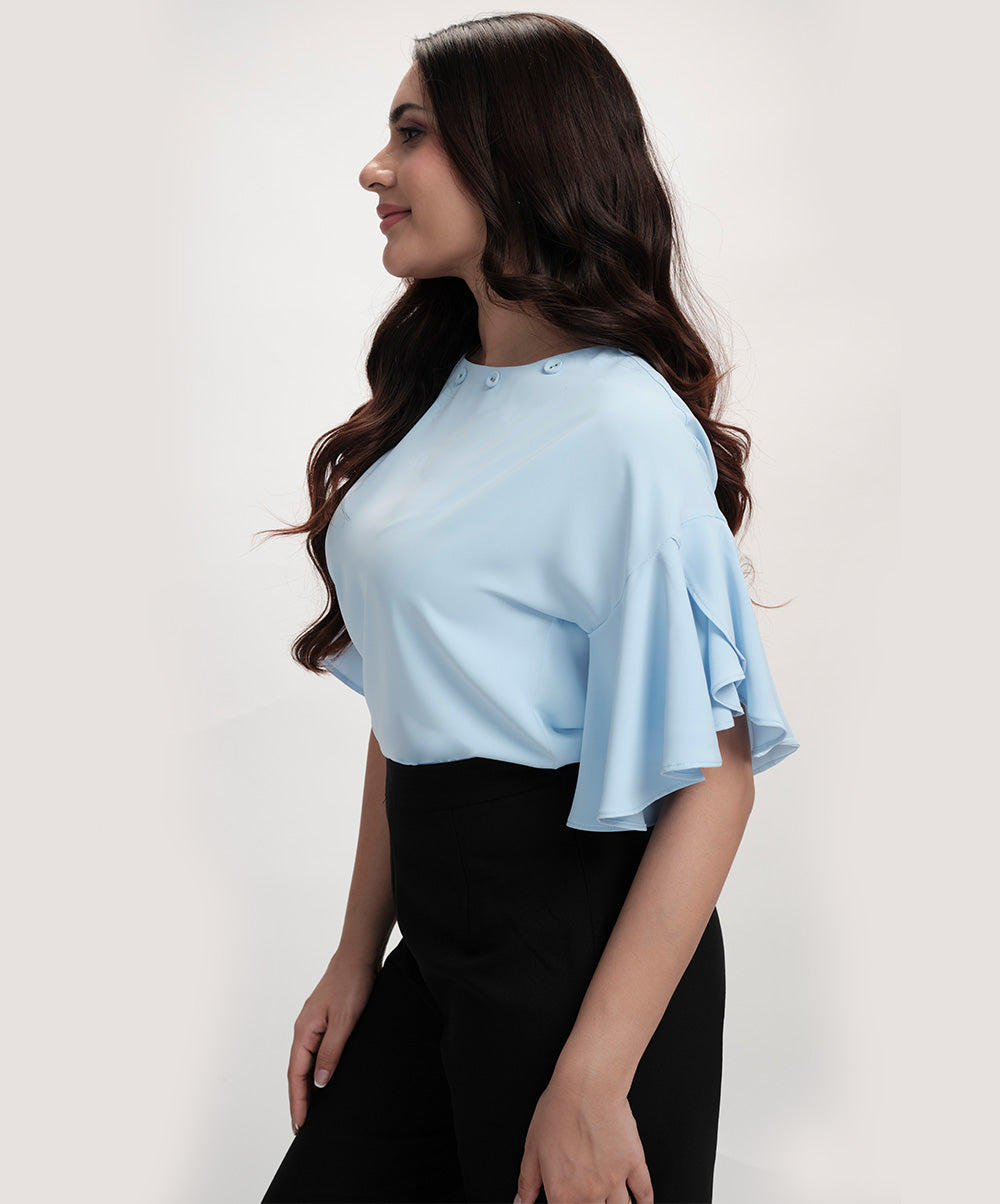 Flared Sleeve Chiffon Top-Light Blue