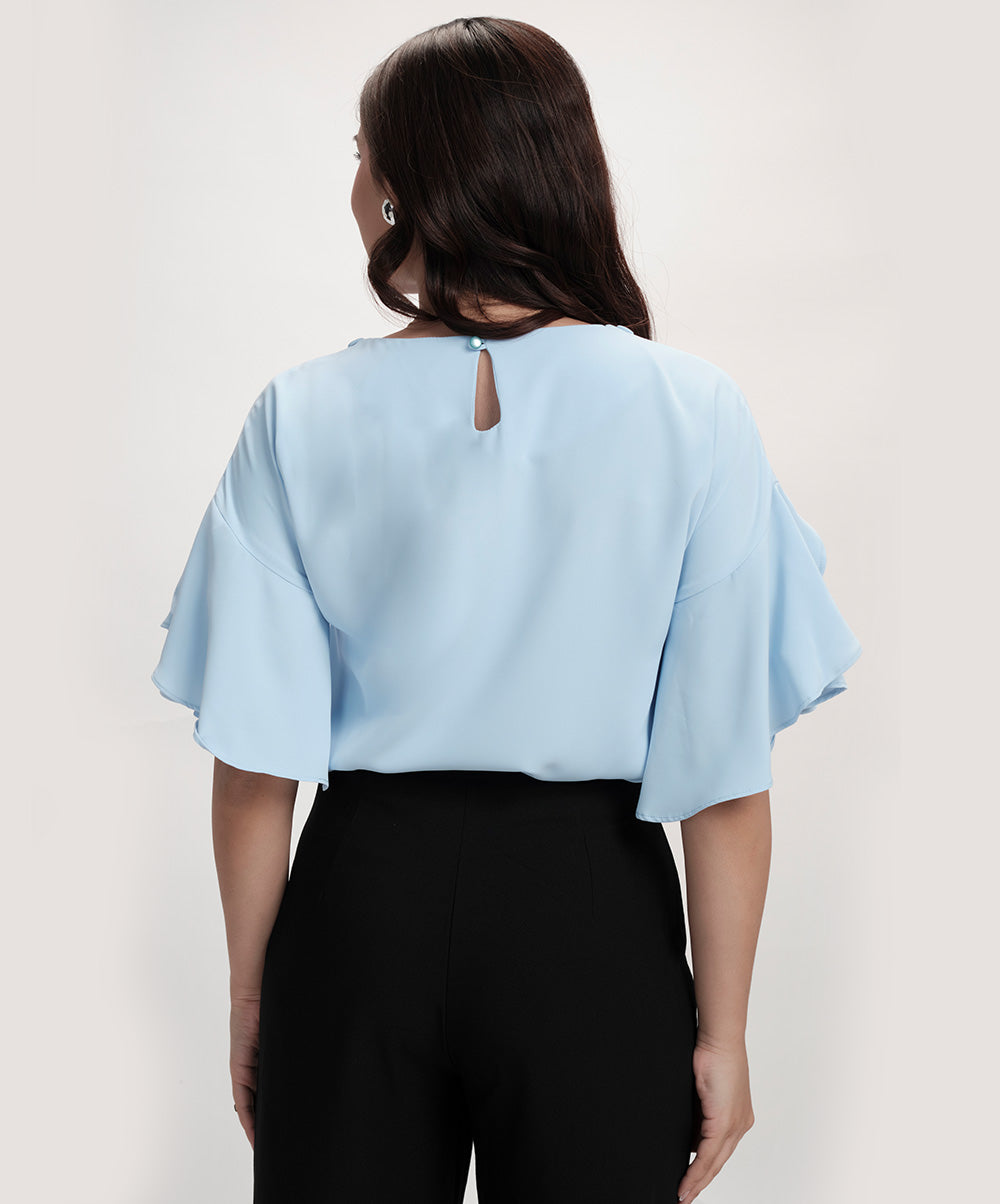 Flared Sleeve Chiffon Top-Light Blue