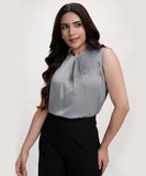 Round Neck Extended Sleeve Satin Top-Grey
