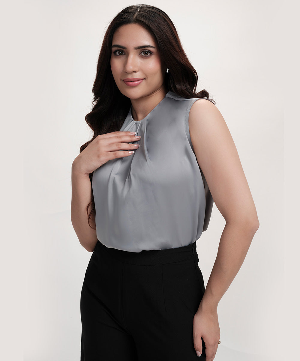 Round Neck Extended Sleeve Satin Top-Grey