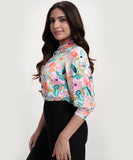 Split Collar Cuffed Sleeve Printed Top