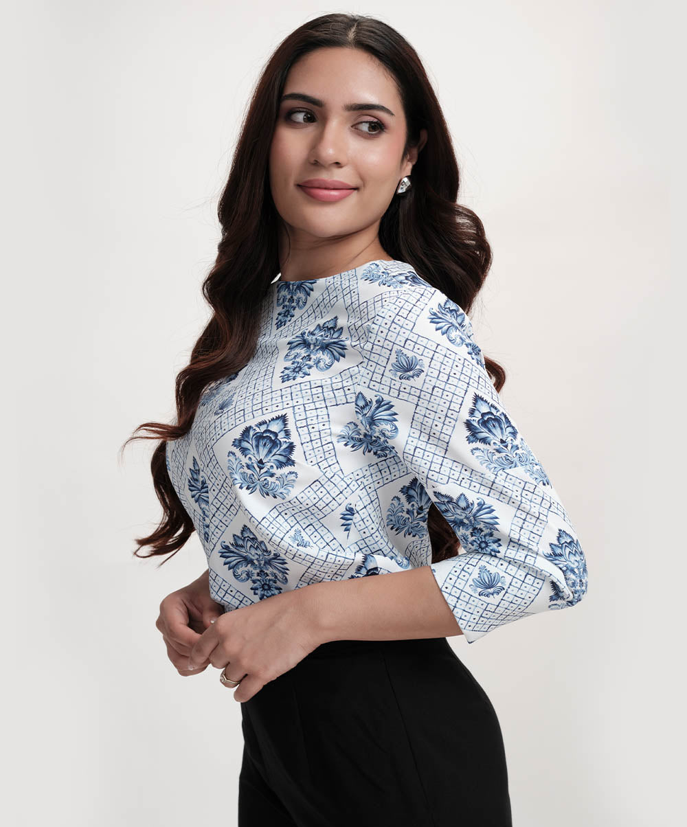 Blue Floral Printed Round Neck Chiffon Top