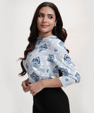 Blue Floral Printed Round Neck Chiffon Top