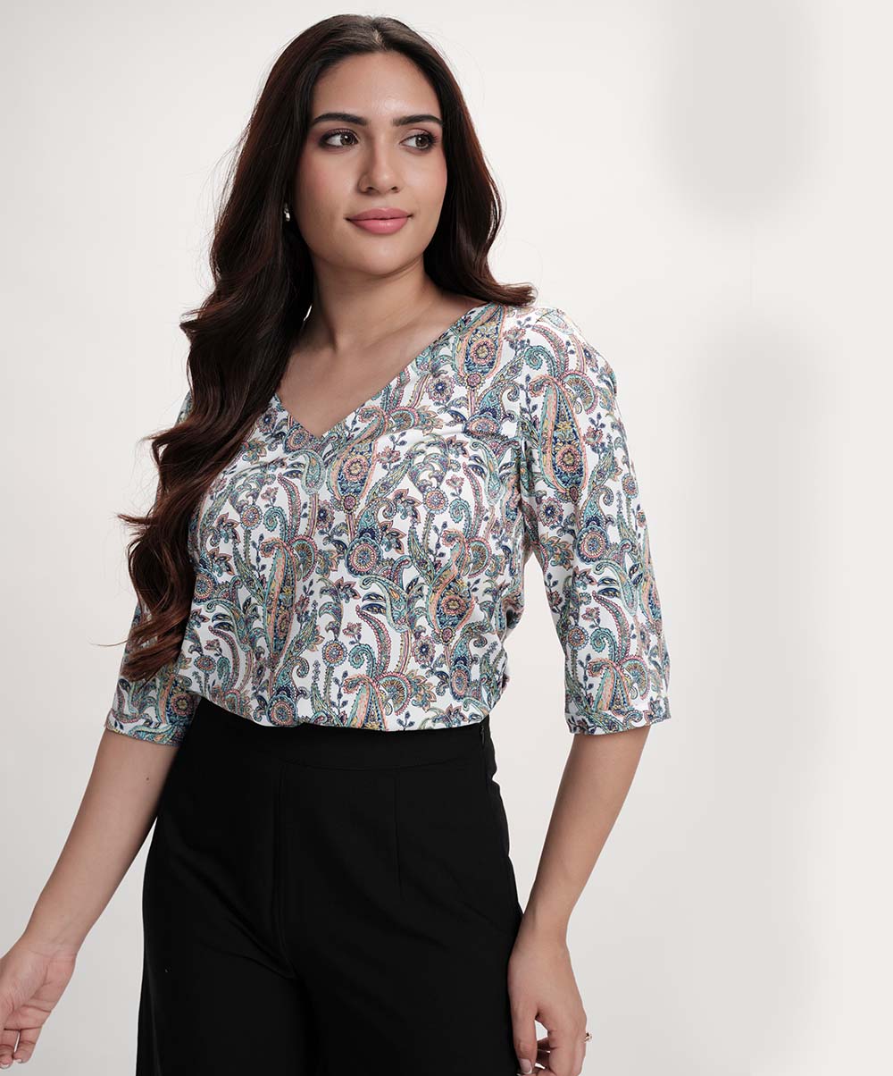 Green  Printed Half Sleeve Vneck Top