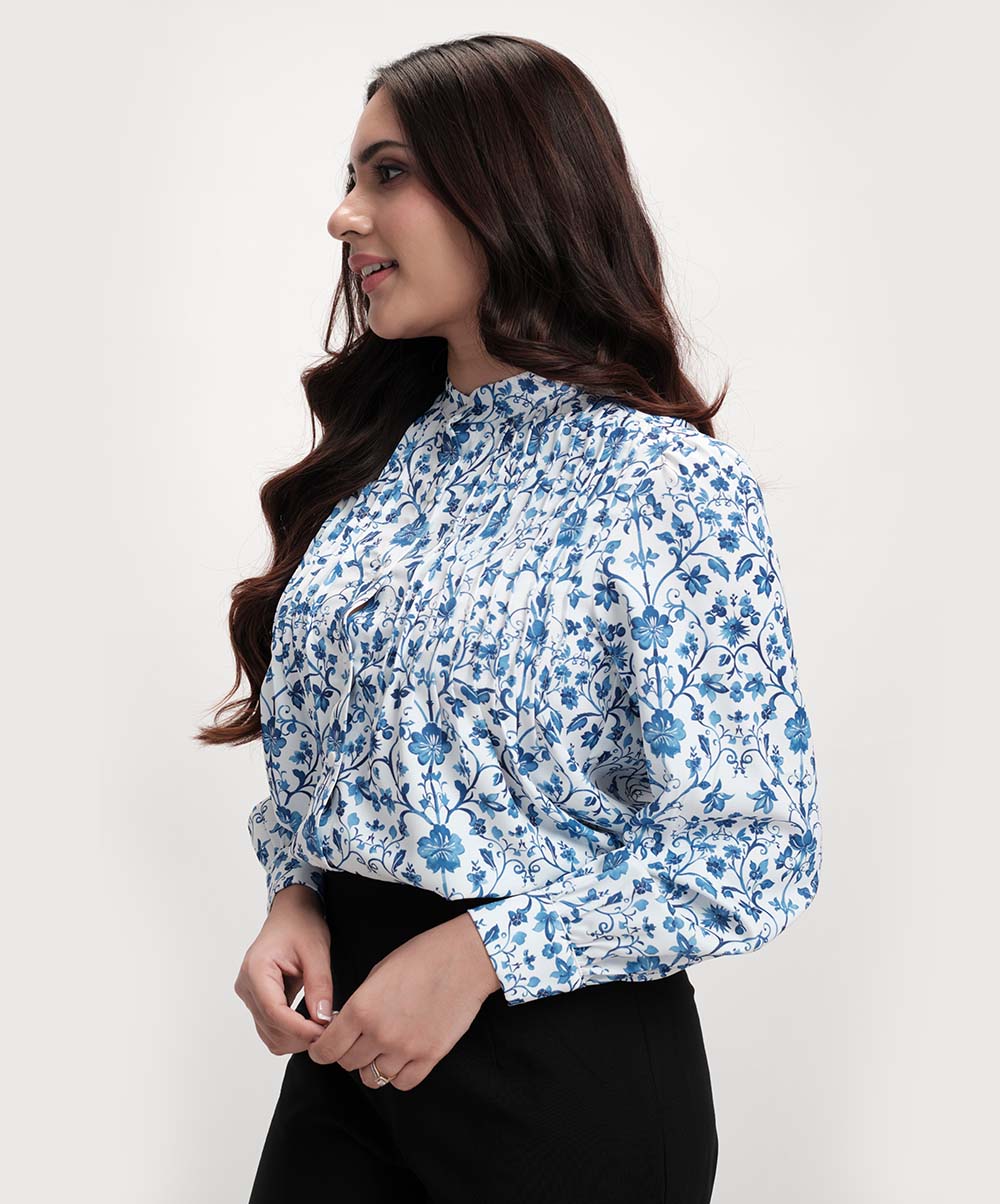 Pintuck Detailed Long Sleeve Printed Top