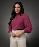 Long Sleeve Neck Pleated Pink Top