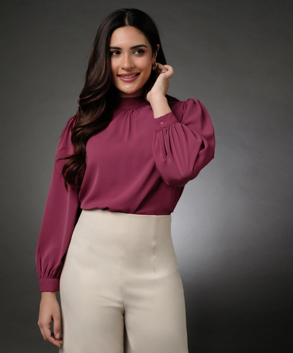 Long Sleeve Neck Pleated Pink Top