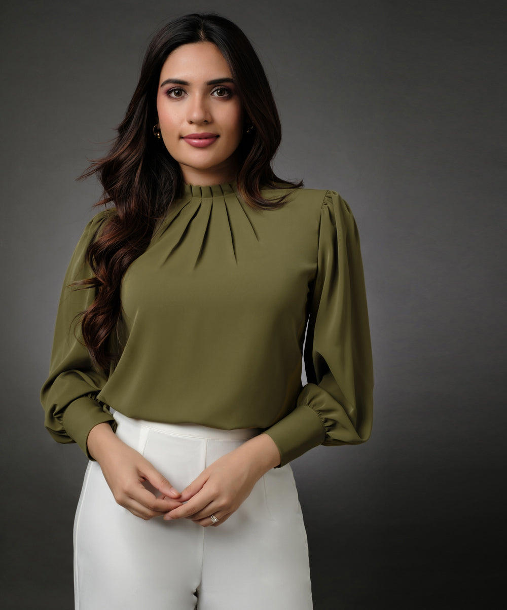 Neck Pleated Light Green Top With A Sleeve Cuff