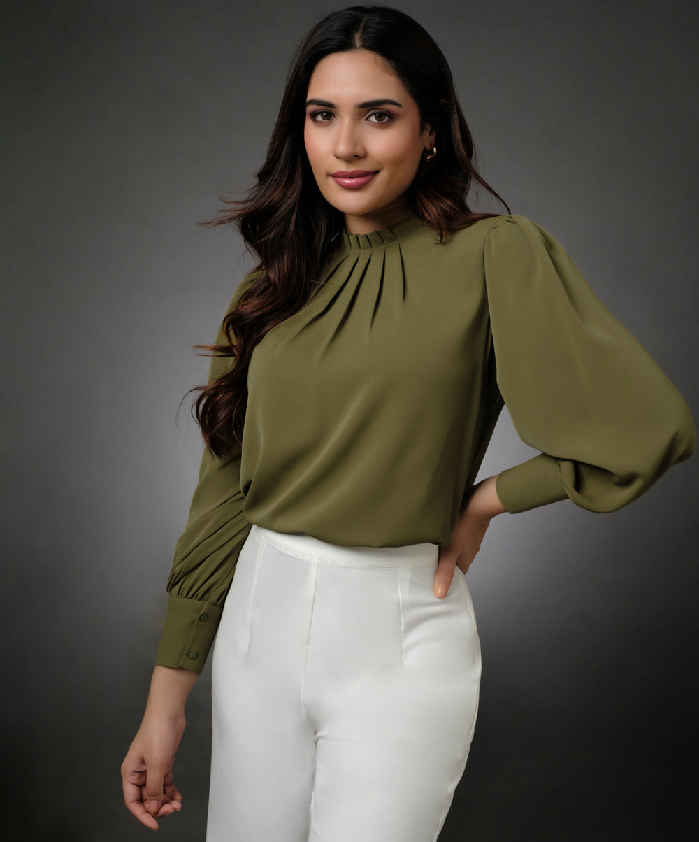 Neck Pleated Light Green Top With A Sleeve Cuff