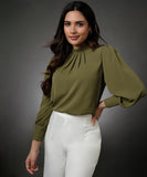 Neck Pleated Light Green Top With A Sleeve Cuff