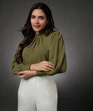 Neck Pleated Light Green Top With A Sleeve Cuff