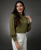 Neck Pleated Light Green Top With A Sleeve Cuff