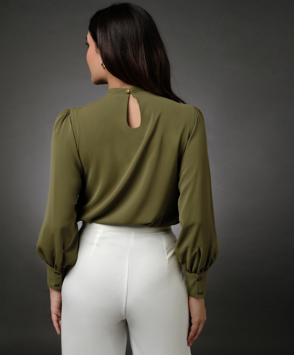 Neck Pleated Light Green Top With A Sleeve Cuff