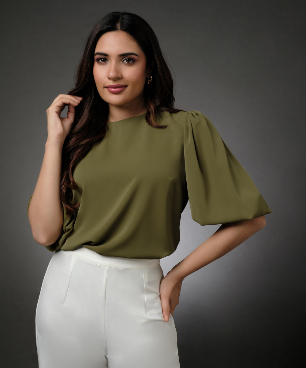 Round Neck Green Sleeve Elasticated Top