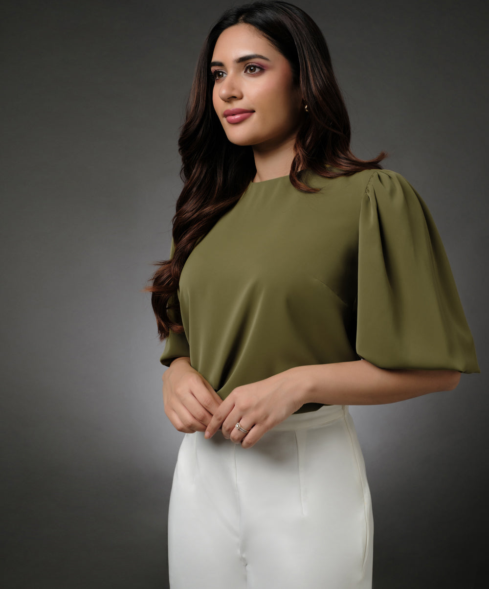 Round Neck Green Sleeve Elasticated Top