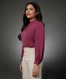 Long Sleeve Neck Pleated Pink Top