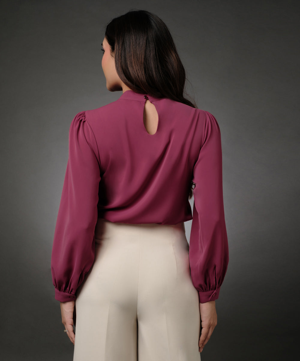 Long Sleeve Neck Pleated Pink Top