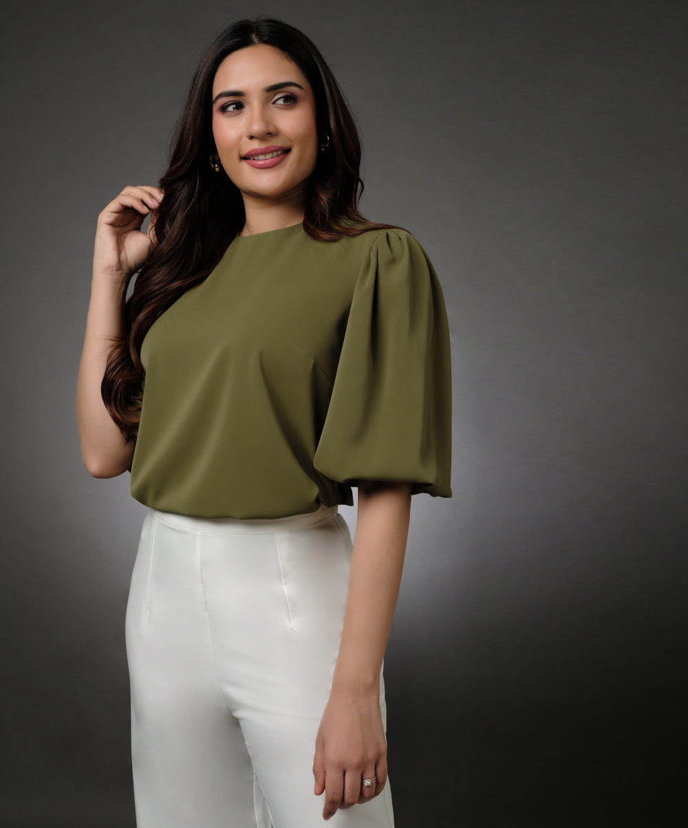 Round Neck Green Sleeve Elasticated Top