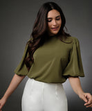 Round Neck Green Sleeve Elasticated Top