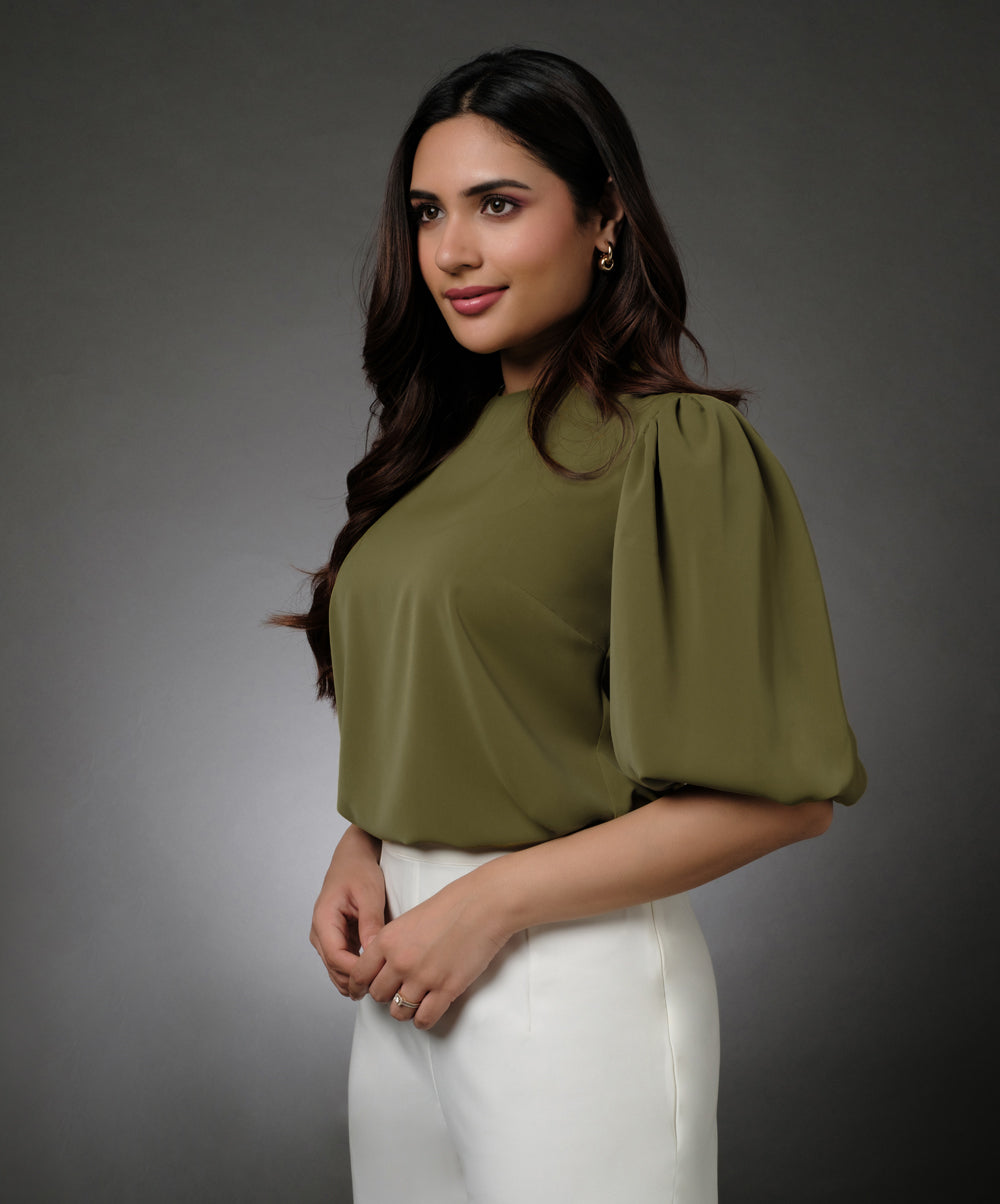 Round Neck Green Sleeve Elasticated Top