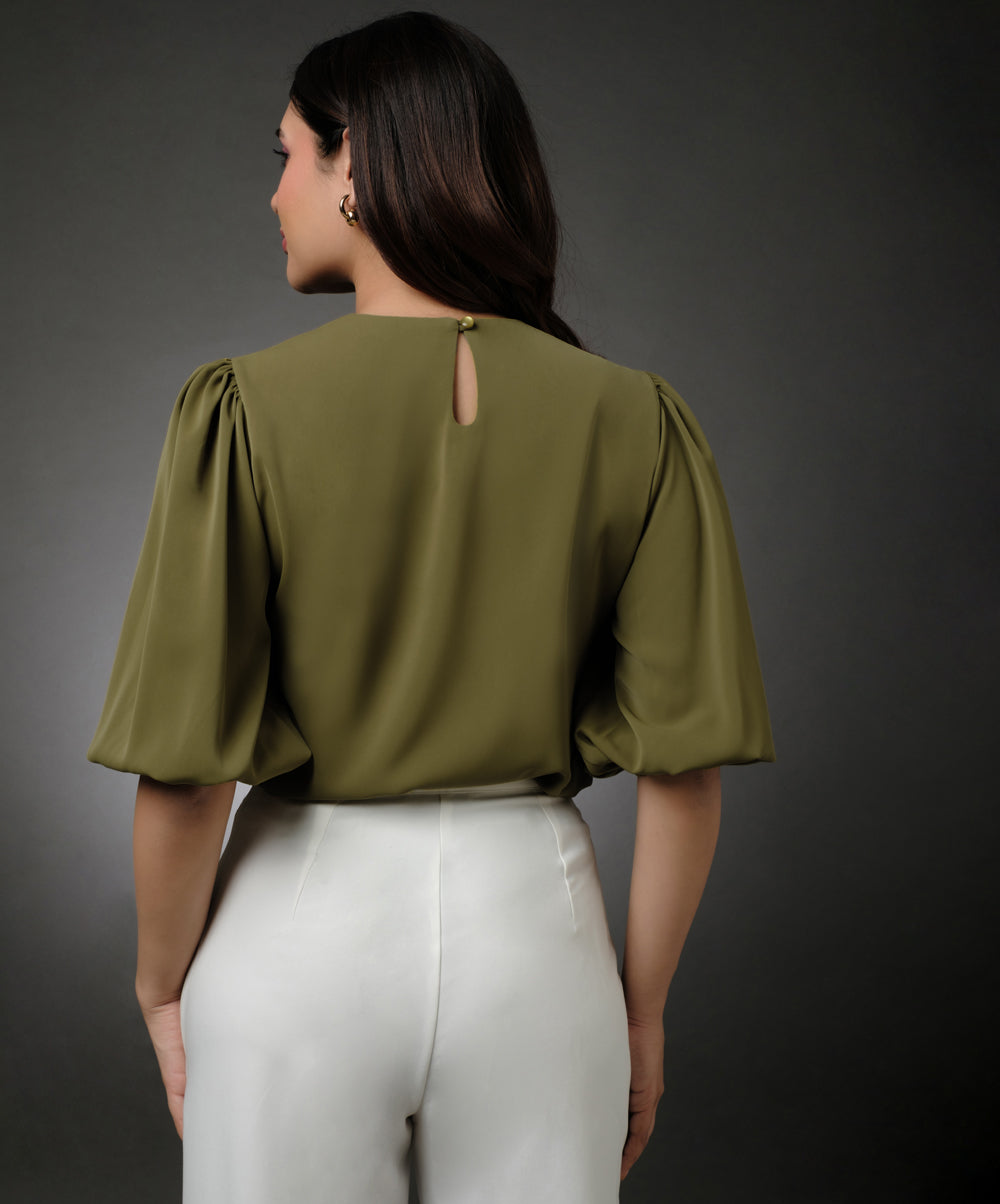 Round Neck Green Sleeve Elasticated Top