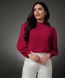 Long Sleeve Neck Pleated Red Top