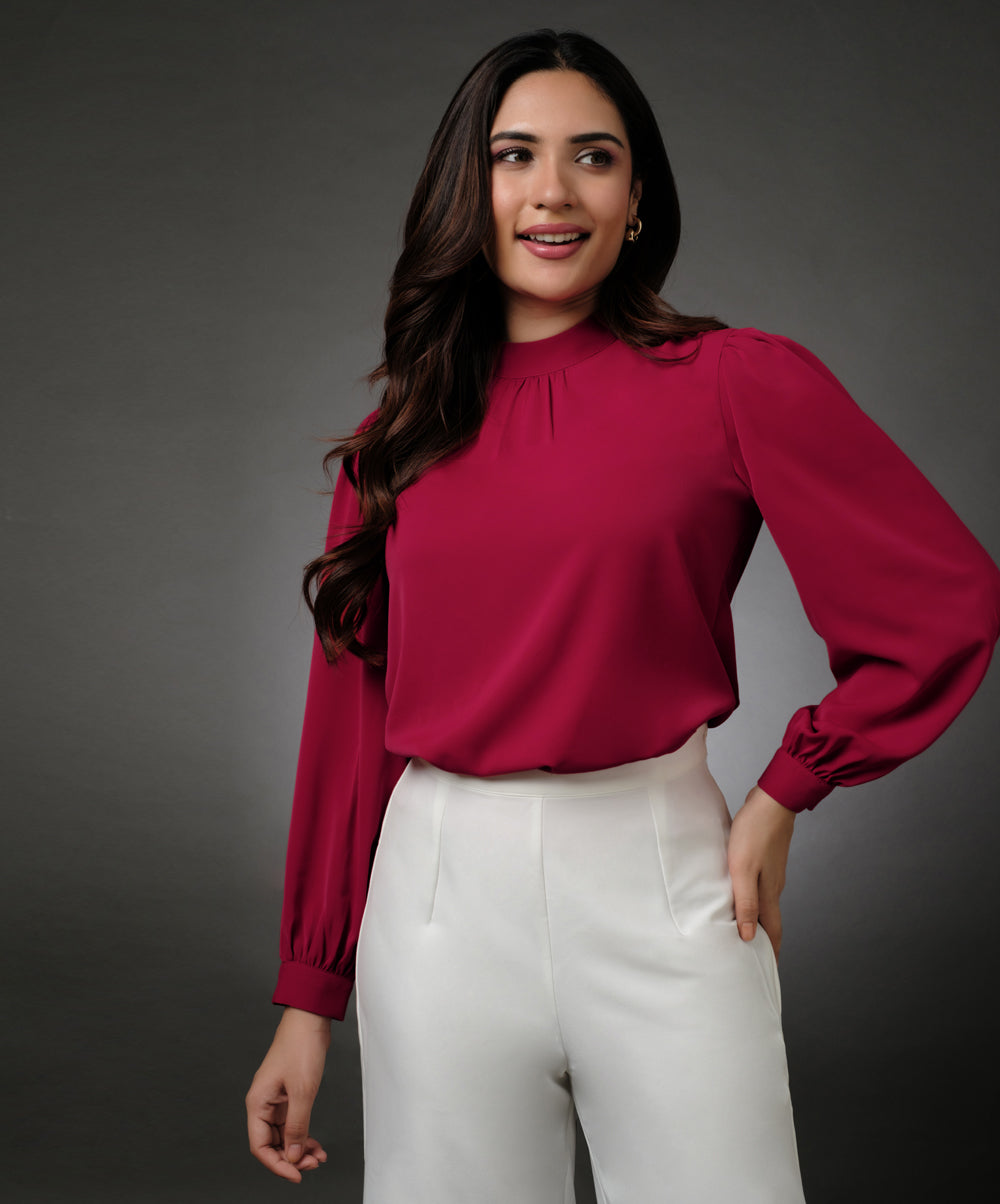 Long Sleeve Neck Pleated Red Top