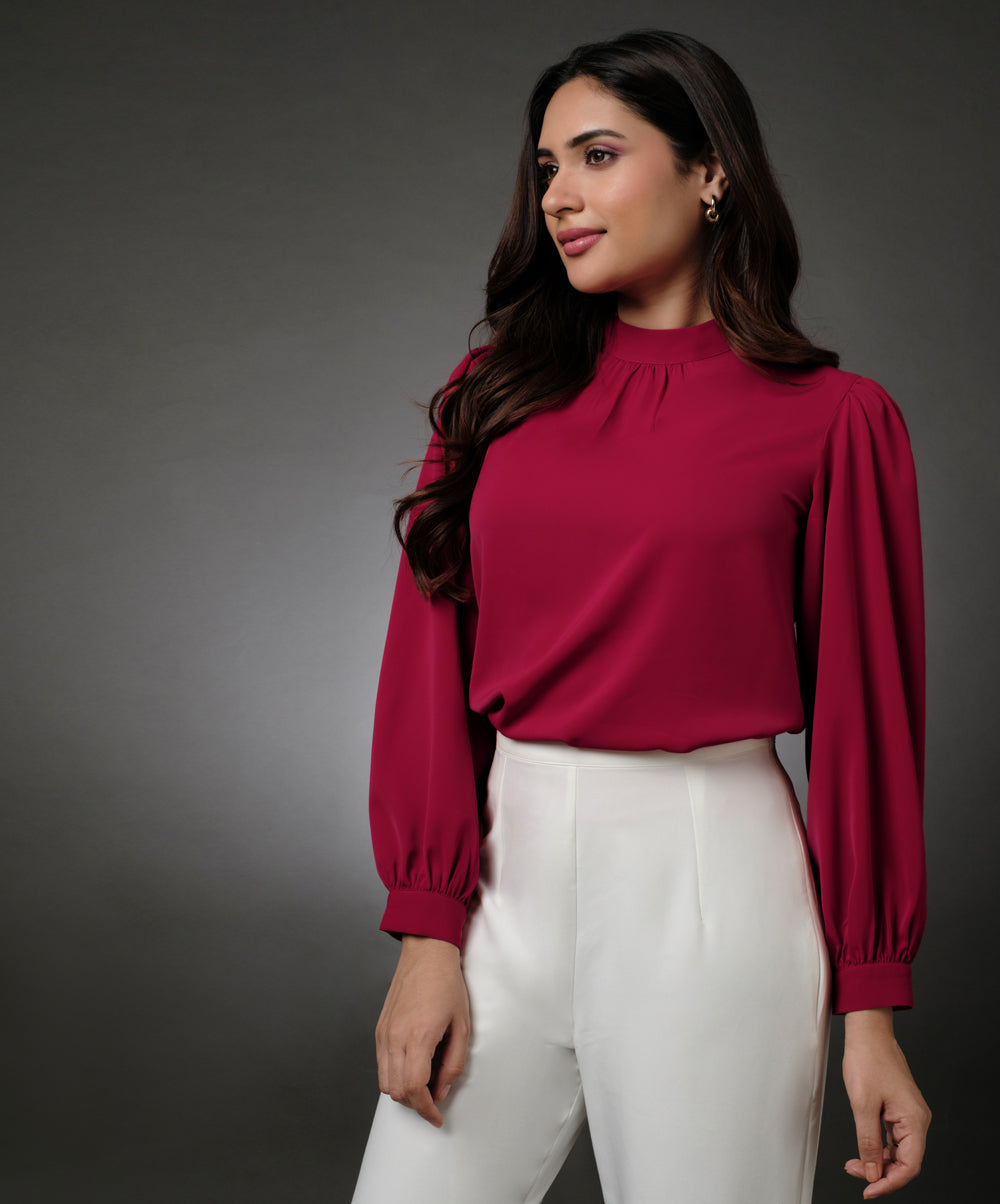 Long Sleeve Neck Pleated Red Top