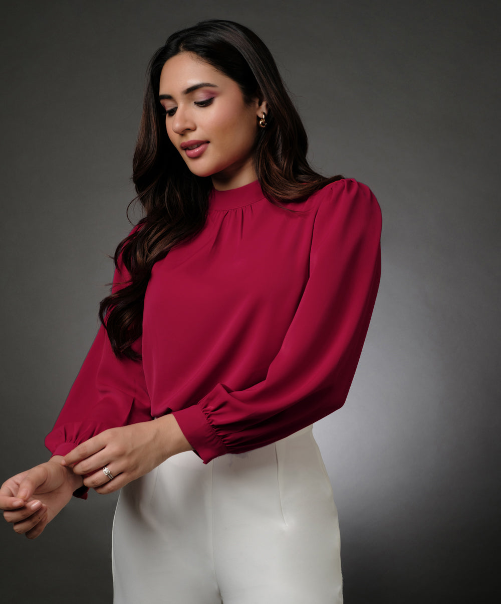 Long Sleeve Neck Pleated Red Top